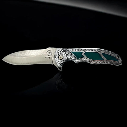 ATAK Sultan Model 4116 Işlemeli Koleksiyonluk Çakı Yeşil Mavi Tonları - El Yapımı, Kişiye Özel Yazı, Isi