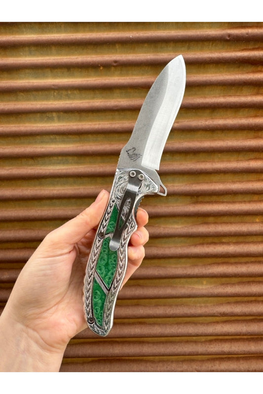 Sultan Model 4116 Işlemeli Koleksiyonluk Çakı Yeşil Mavi Tonları - El Yapımı, Kişiye Özel Yazı, Isi