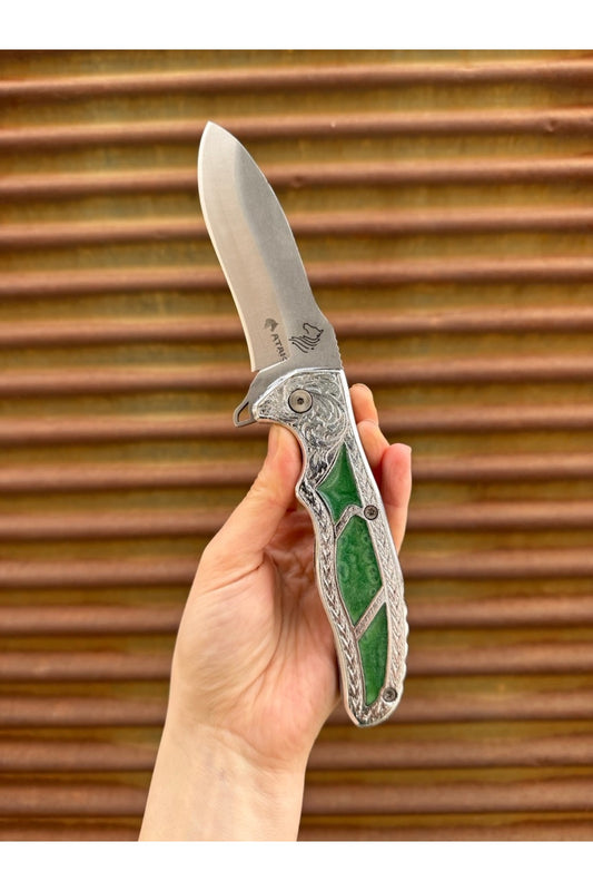 Sultan Model 4116 Işlemeli Koleksiyonluk Çakı Yeşil Mavi Tonları - El Yapımı, Kişiye Özel Yazı, Isi