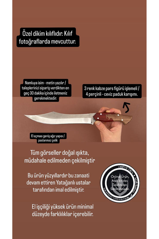 Pars İşlemeli 4 perçin 35cm kamp bıçağı üst seviye özel kılıf hediye isim yazma