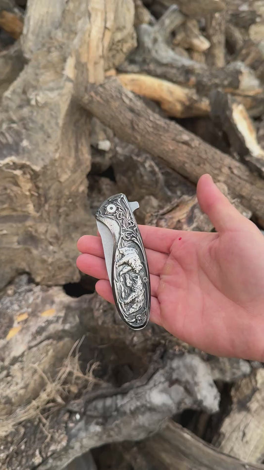 Şikar model ayı işlemeli efsane flipper mekanizmalı kamp çakısı